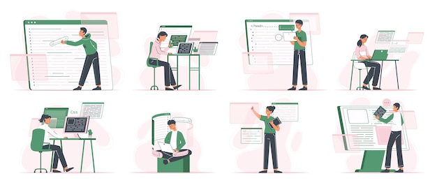 Vector programmers software engineers and developers coding and testing project flat vector illustrations