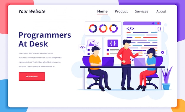 Vector programmers at work concept illustration, people work on laptop programming and coding for website landing page