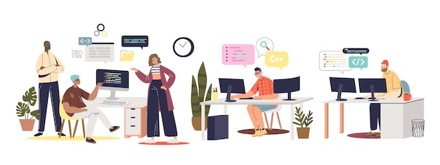 Vector programmers at work. group of busy web and ux designers, developers and coders at workplace coding websites and apps at modern computers. web developers team. flat vector illustration