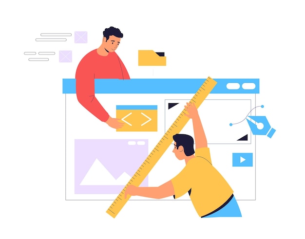 Vector programmers working together developing website adding code and design elements using large ruler and pen tool software development process programming and coding website creation and design