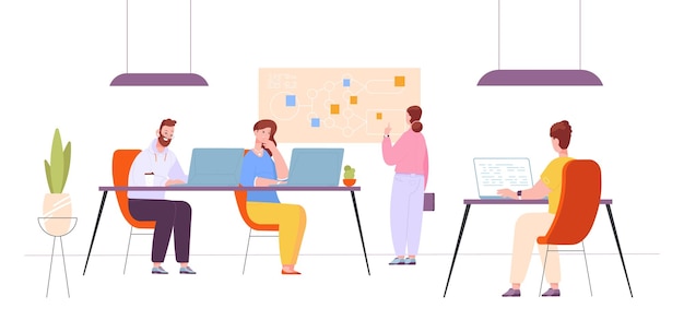 Vector programmers working together people in co work agency office programmer team creative job on programming software or program coding