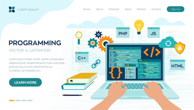 Vector programming banner, coding, best programming languages. development and software concept.