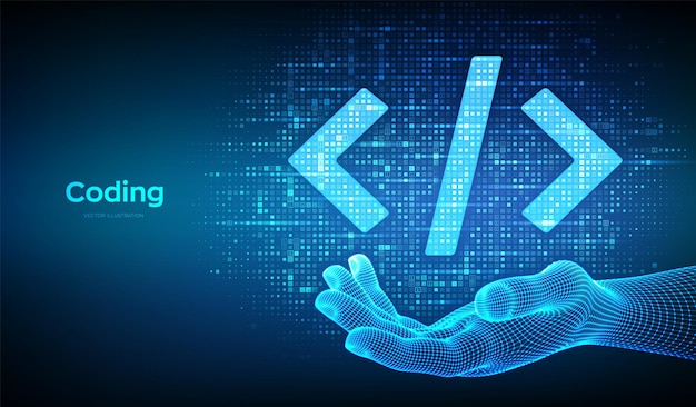 Vector programming code coding or hacker sign programming code icon made with binary code in wireframe hand