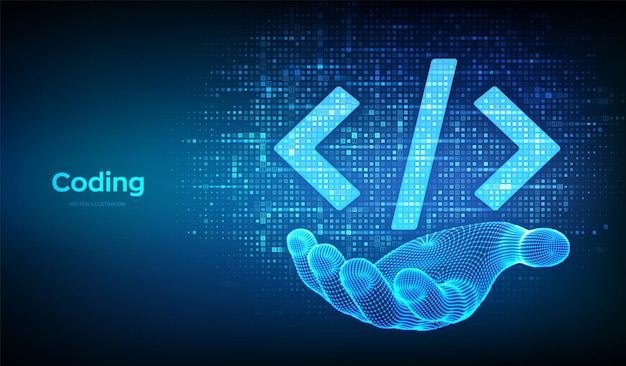 Vector programming code coding or hacker sign programming code icon made with binary code in wireframe hand