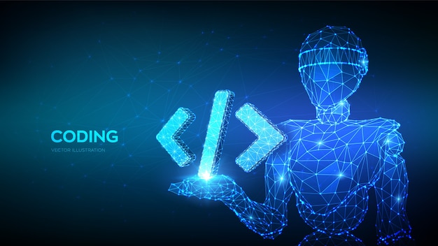 Vector programming code icon. abstract 3d robot holding programming code symbol in hand.