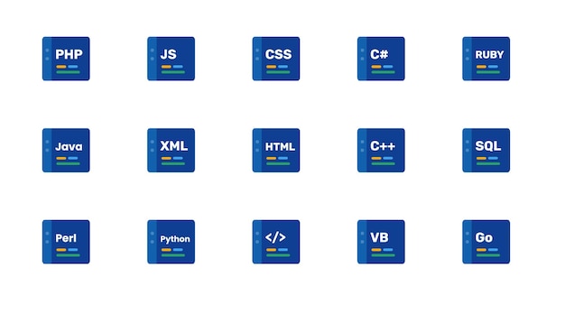 Vector programming coding code editor software application development icon set collection blue vector