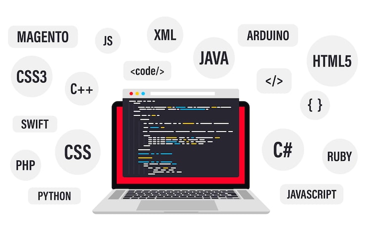 Programming and coding on laptop computer. Best programming languages, flat web banner. Software coding, testing, debugging. App development, creation. Programming language and program code on screen