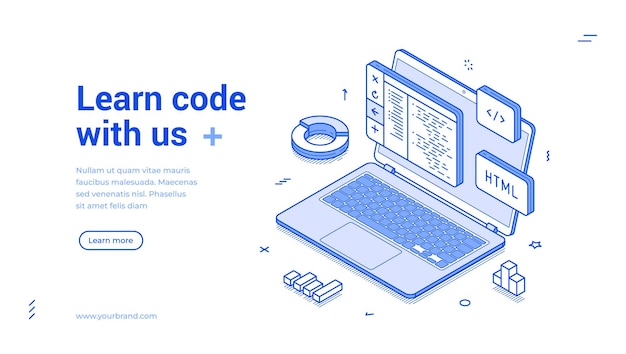 Vector programming coding soft development course isometric web banner monochrome vector illustration