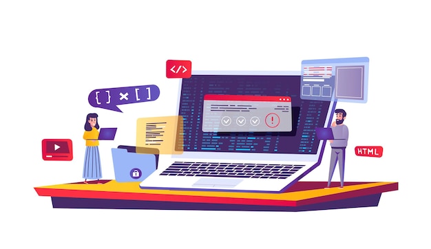 Vector programming and coding web concept in cartoon style  
