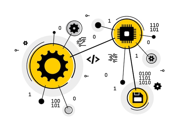 Vector programming and computer pc engineering vector illustration repairing and fixing bugs coding app on pc