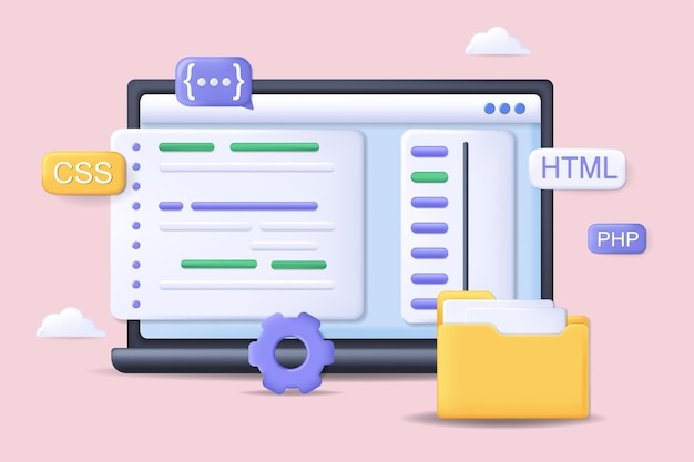 Vector programming concept 3d illustration icon composition with html php and other coding languages