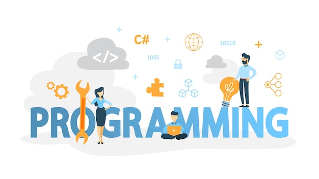 Vector programming concept. idea of working on the computer, coding, testing and writing program, using internet and different software. website development .   illustration