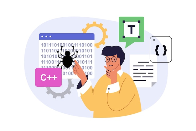 Vector programming concept in modern flat design for web man coding and working at software development making improvements and optimization fixing bugs and solving code problems vector illustration