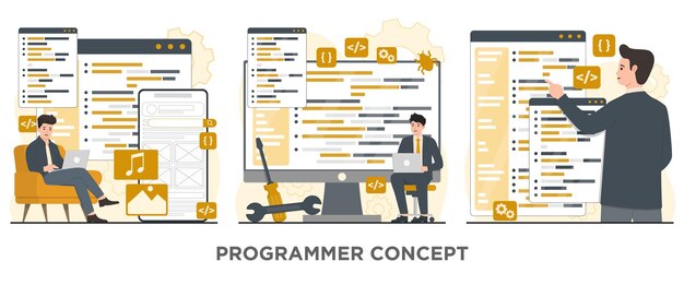 Vector programming concept set software development coding and programming vector flat illustration