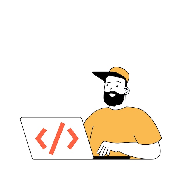 Vector programming concept with cartoon people in flat design for web man coding and engineering software creating scripts and algorithms vector illustration for social media banner marketing material