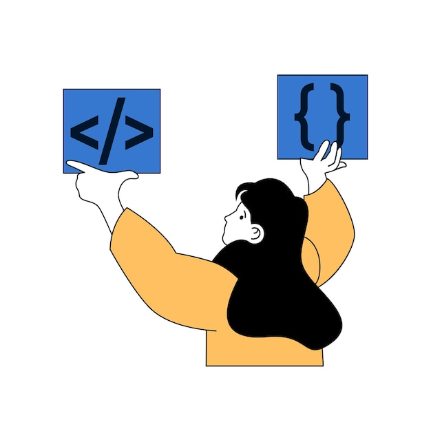 Vector programming concept with cartoon people in flat design for web woman creating app code scripts and algorithms testing programs vector illustration for social media banner marketing material