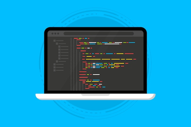 Vector programming language and program code on screen laptop programming coding php html c css