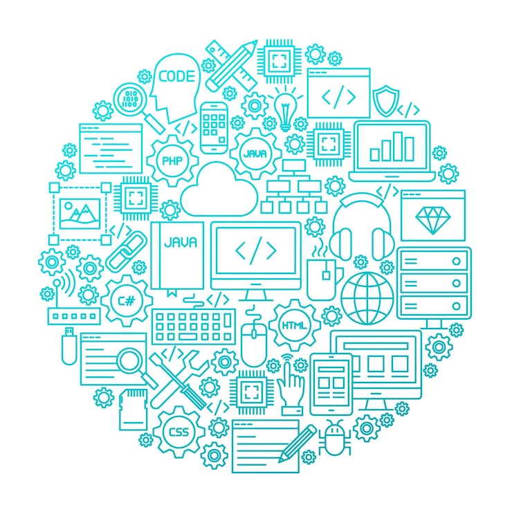 Programming Line Icon Circle Design. Vector Illustration of Coding Resources Objects.