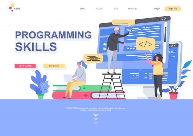 Vector programming skills flat landing page template. developers designing and constructing internet application situation. web page with people characters. software development illustration.