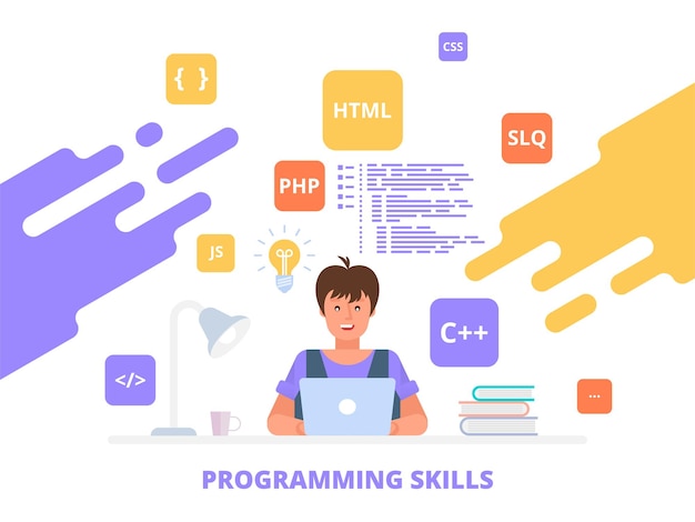 Vector programming skills working programmer, software development flat  illustration concept can use for web banner, infographics, hero images.