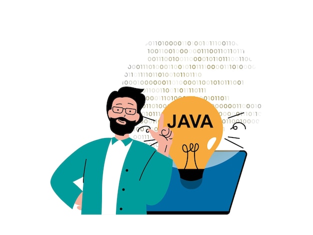 Vector programming software concept with character situation man working with java program language code generates new idea and fixing bugs vector illustration with people scene in flat design for web
