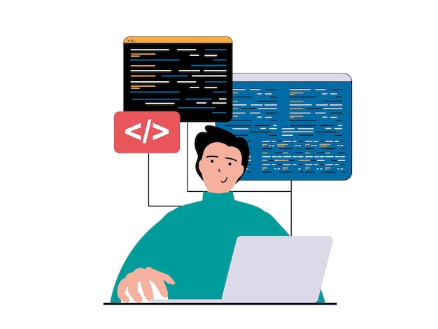 Vector programming software concept with character situation man working with program code at laptop testing scripts and engineering process vector illustration with people scene in flat design for web
