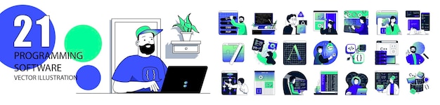 Vector programming software concept with character situations collection bundle of scenes people coding and testing creating programs and apps working it industry vector illustrations in flat web design
