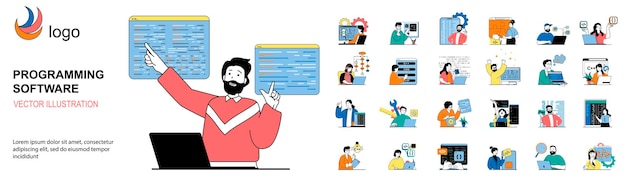 Vector programming software concept with character situations mega set bundle of scenes people working with program code engineering applications making scripts vector illustrations in flat web design