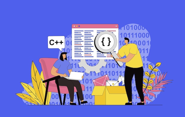 Vector programming software concept with modern flat design for web developers working with code on screens creating new program products and software searching and optimizating apps vector illustration