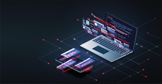 Vector programming and software development web page banner program code on screen device software development coding process concept programming testing cross platform code app on laptop phone uiux