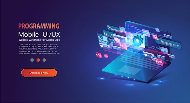 Vector programming and software development web page banner program code on screen device software development coding process concept programming testing cross platform code