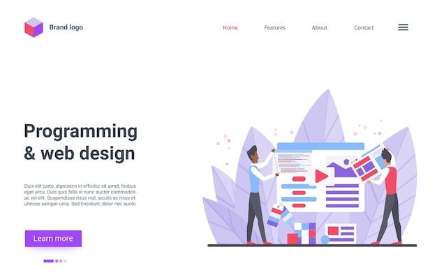 Vector programming web design landing page programmer designer people create website content
