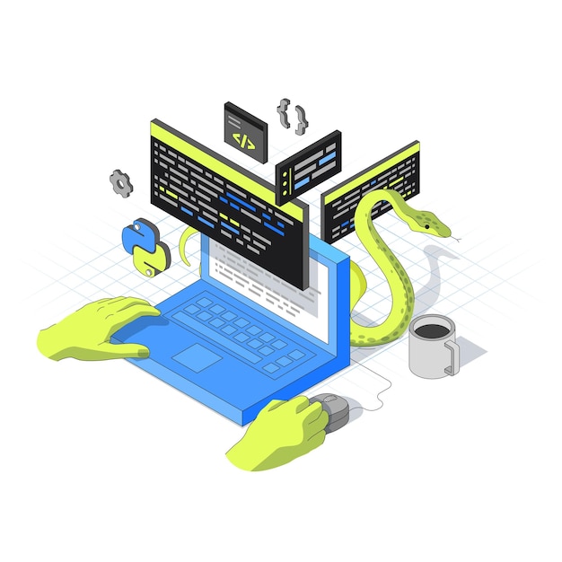 Vector programming with human hands in isometric style python snake is peeking out from behind the monitor