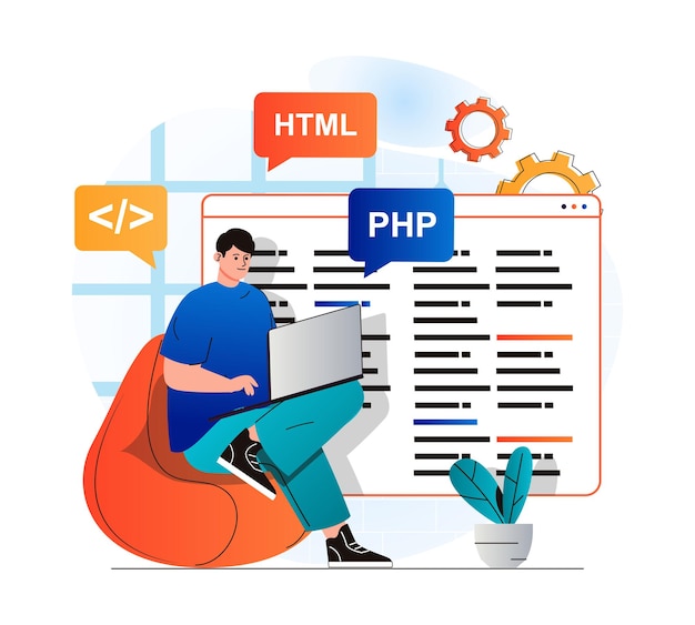 Vector programming working concept in modern flat design developer programs in html and php languages