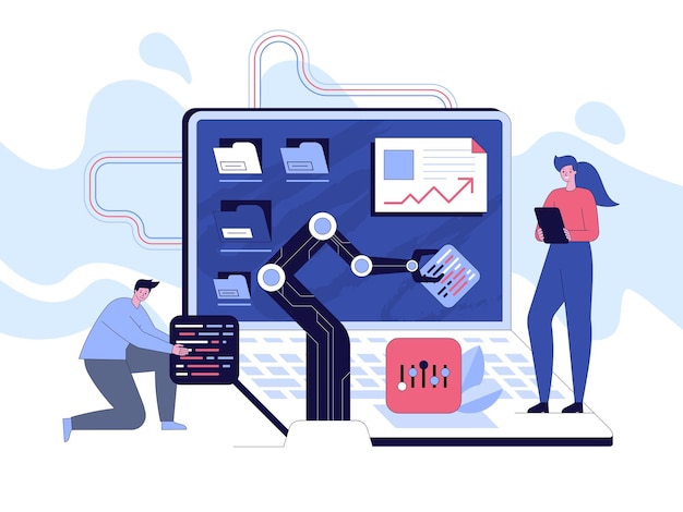 Vector project team of engineers development program software woman manager control work process man developer holds part of code robotic hand are coding on huge screen vector character illustration