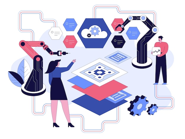 Vector project team of engineers working at development software woman manager control process developer holds growth arrow button robotic hands are programming building vector character illustration