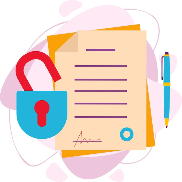 Vector a protected document with a data file with an open lock icon. data protection, data security. a document with a lock icon and a pen.