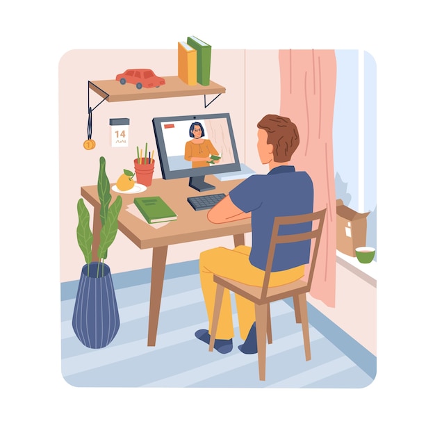 Vector pupil listen webinar on computer, distance education at home