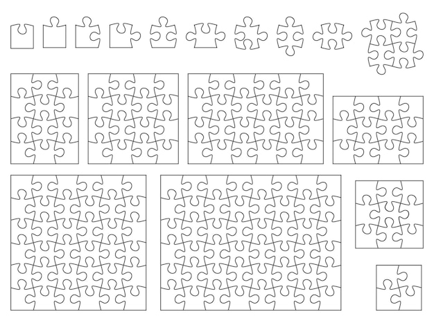 Vector puzzle pieces square shape blank table game assemble picture isolated or connected mosaic fragments constituent elements different number outline simple style vector jigsaw parts set