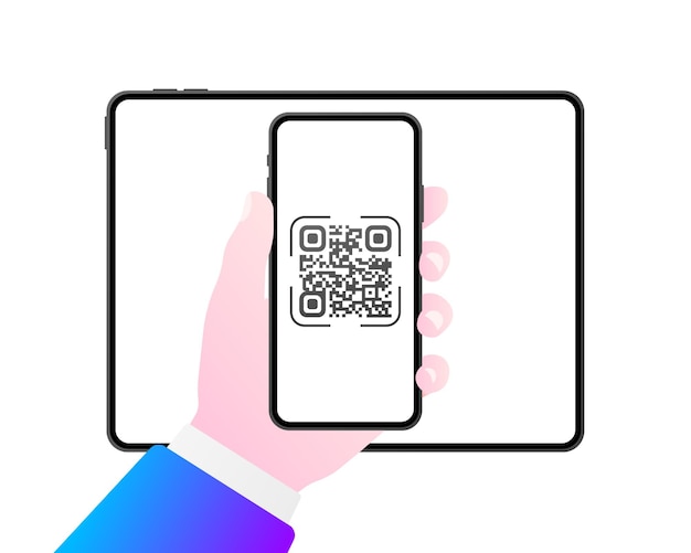 Vector qrcode scanning phone in hand scanning from tablet vector icon