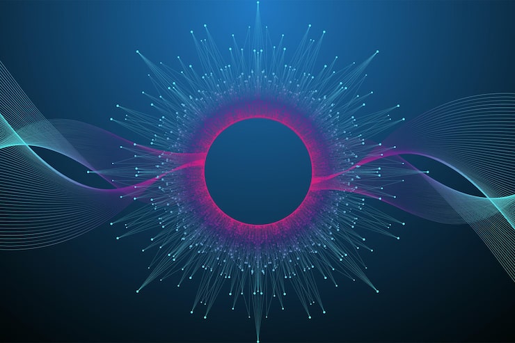 Quantum computer technology concept. Sphere explosion background. Deep learning artificial intelligence. Big data algorithms visualization. Waves flow. Quantum explosion, vector illustration.