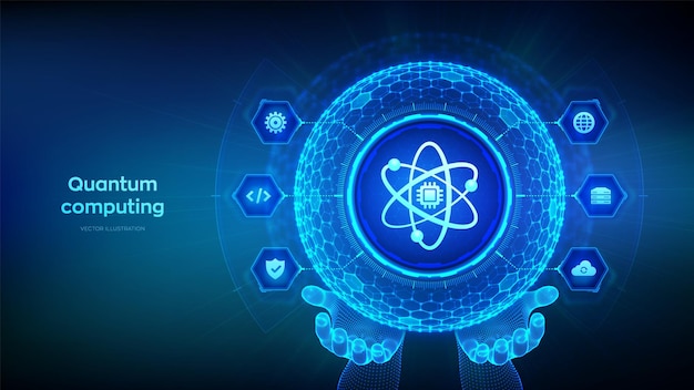 Vector quantum computing technology concept quantum qubit intelligent computing data analytics ai artificial intelligence deep learning hexagonal grid sphere in wireframe hands vector illustration