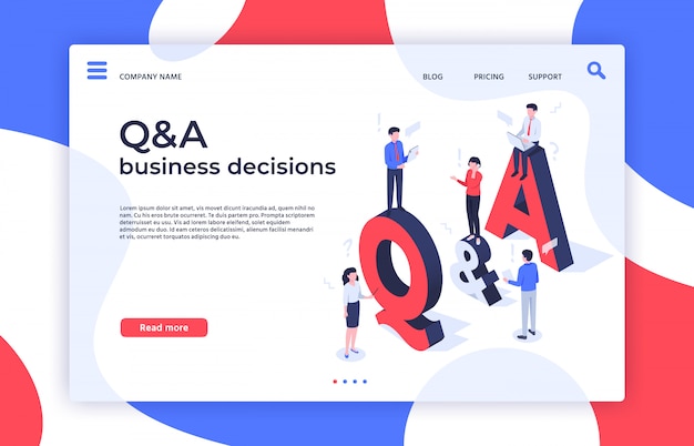 Vector questions and answers. find decision, problem solving and qa business decisions landing page isometric  illustration