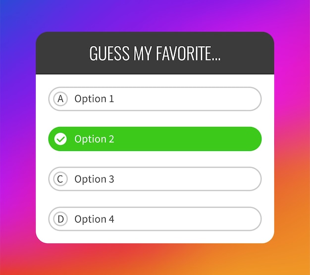 Vector quiz option. question interface social media sticker, select and guess buttons mockup, frame on bright gradient background, windows with correct and incorrect answers, web design vector template