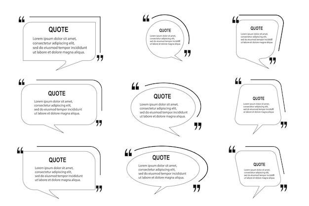 Vector quote frames blank templates set on white background. remark. bubble comment, message borders, boxes, banners. speech balloon with quotation marks, think, speak, talk, commas, text box. vector
