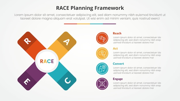 Vector race framework infographic concept for slide presentation with x cross shape with vertical description with 4 point list with flat style