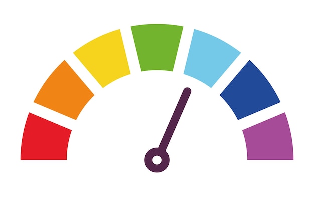 Vector rainbow spectrum gauge illustration showing multicolor performance levels with vibrant segments from red to violet and a central pointer indicator rainbow scale for rating level speed and progress