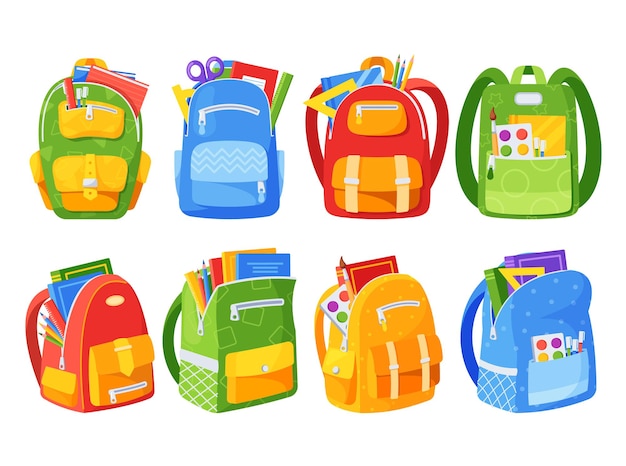 Vector range of school bags with different designs accompanied by pencil cases notebooks rulers and textbooks