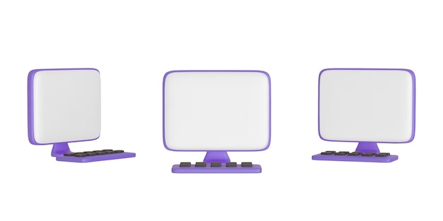 Vector realistic cartoon computer with keyboard mockup perspective computer monitor mock up different angles views collection mockups of 3d realistic computers template for presentation vector