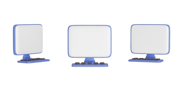 Vector realistic cartoon computer with keyboard mockup perspective computer monitor mock up different angles views collection mockups of 3d realistic computers template for presentation vector